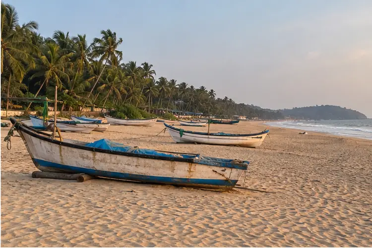 Calangute beach in North Goa with fishing canoes on the sand